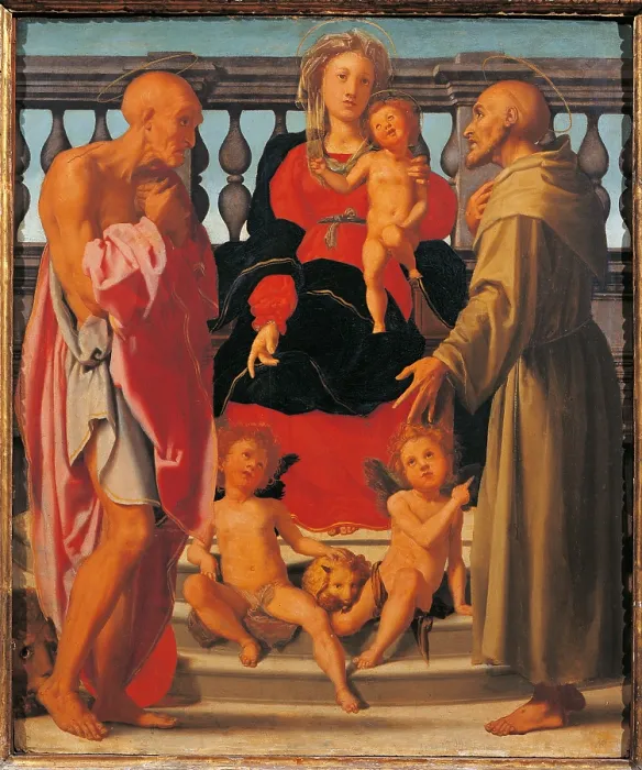 Framed Print : Madonna and Child with Two Saints, by Carrucci Jacopo known as il Pontormo, 1522, 16th Century, oil on panel, cm 73 x 61 - Italy, Tuscany, Florence, Uffizi Gallery. All