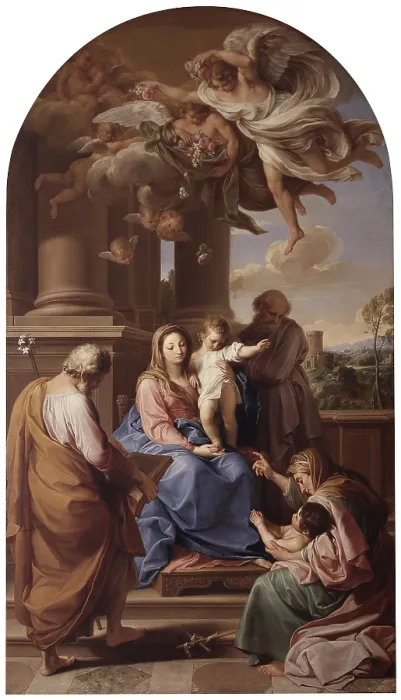 Framed Print : Madonna and Child with Saints Joseph and Zechariah, Elizabeth and John the Baptist, by Pompeo Girolamo Batoni, 18th Century, oil on canvas - Italy, Lombardy, Milan