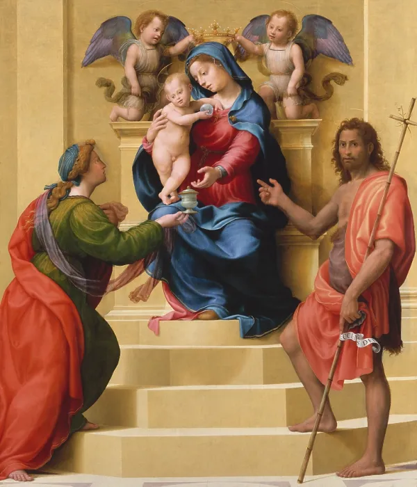 Framed Print : MADONNA AND CHILD WITH SAINTS MARY MAGDALEN AND JOHN THE BAPTIST, Italian Renaissance oil painting. Angels hold a crown over Marys head