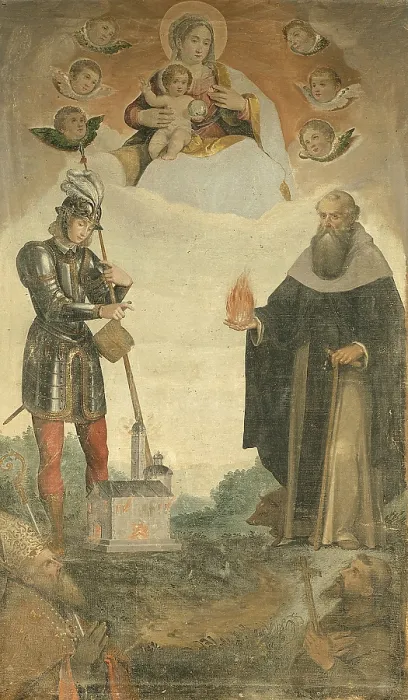 Framed Print : Madonna with Child, Saints Titian, Florian, Anthony Abbot and Francis, by Francesco Frigimelica, 1600 - 1649, 17th Century, canvas - Italy, Veneto, Pieve d'Alpago