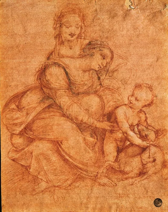 Framed Print : Madonna and Child with St Anne, by Cesare da Sesto, 16th Century, 1500 -1510 about, sanguine on red prepared paper, cm 28 x 22, 2 - Italy, Veneto, Venice, Accademia Art Galleries