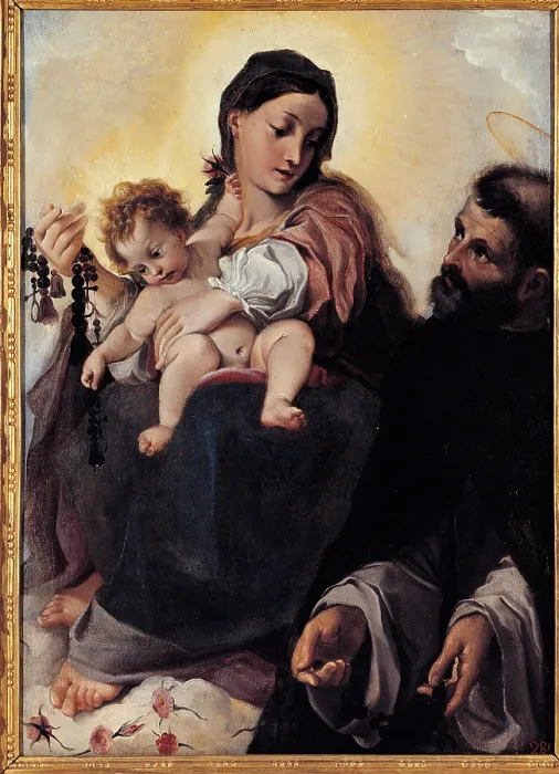Framed Print : Madonna with Child and St Dominic (Madonna of Rosary), by Ludovico Carracci, 1585 - 1587 about, 16th Century, oil on canvas, cm 109 x 79, 5 - Italy, Emilia Romagna, Bologna