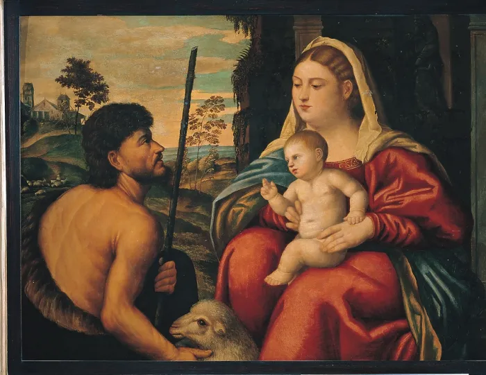 Framed Print : Madonna and Child with St John the Baptist, by workshop Licinio Bernardino, 16th Century, oil on canvas, - Italy, Lombardy, Milan, Brera Art Gallery. Full view