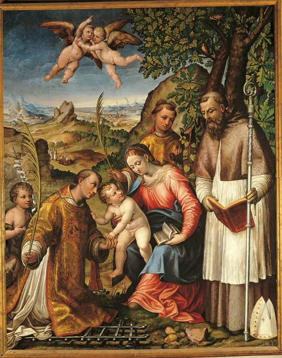 Framed Print : Madonna and the Child with St Lawrence, St Stephen, St John the Baptist and St Ubald, by Unknown Artist, 1500 - 1550, 16th Century, - Italy, Lombardy, Milan Framed Print : Madonna and the Child with St Lawrence, St Stephen, St John the Baptist and St Ubald, by Unknown Artist, 1500 - 1550, 16th Century, - Italy, Lombardy, Milan