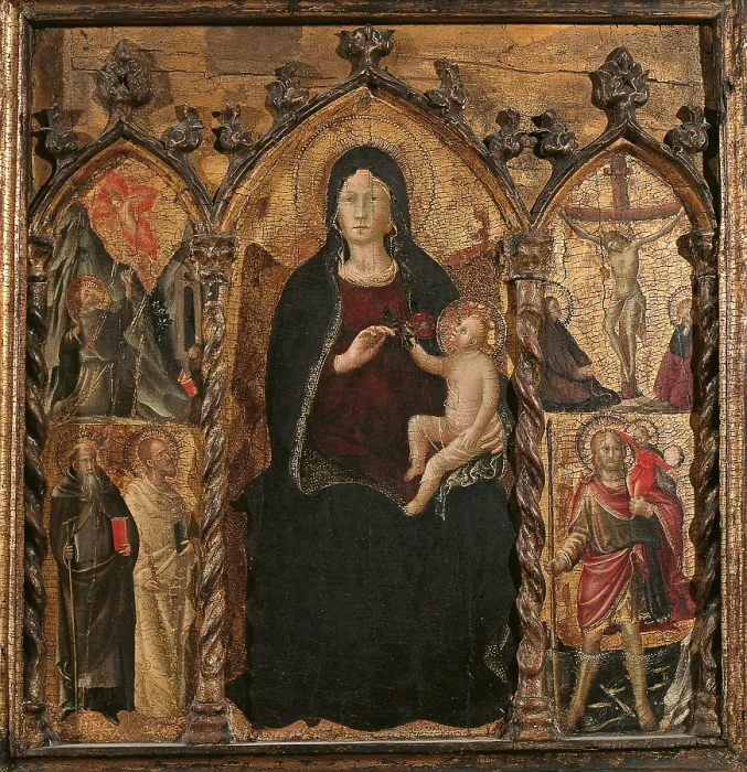Framed Print : Madonna with Child The Stigmata of St Francis St Anthony Abbot e St Bartholomew Crucifixion Saint Christopher, by Arcangelo di Cola da Camerino, 1423 - 1425 about, 15th Century Framed Print : Madonna with Child The Stigmata of St Francis St Anthony Abbot e St Bartholomew Crucifixion Saint Christopher, by Arcangelo di Cola da Camerino, 1423 - 1425 about, 15th Century