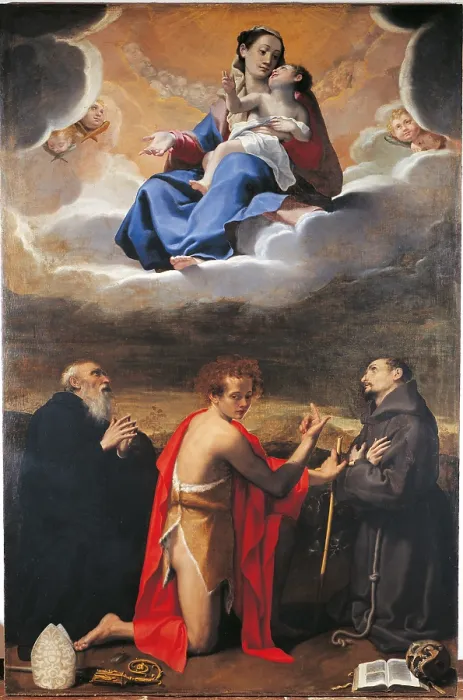 Framed Print : Madonna and Child with Sts Benedict, John the Baptist and Francis, by Bartolomeo Cesi, 1556 - 1629 about, 16th Century - 17th Century, canvas, - Italy, Emilia Romagna, Bologna