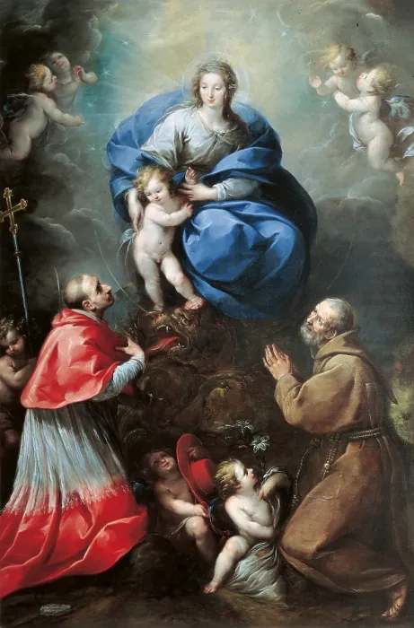 Framed Print : Madonna with Child and Sts Charles Borromeo and Felix of Cantalice, by Carlo Francesco Nuvolone, 1647, 17th Century, oil on canvas, cm 332 x 224 - Italy, Emilia Romagna, Parma