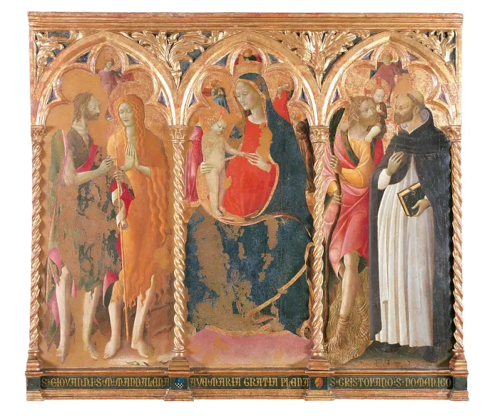 Framed Print : Madonna with Child and the Sts John Baptist and Mary Magdalene, Saint Christopher and Dominic, by Bartolomeo di Tommaso, 1450 about, 15th Century, tempera on panel