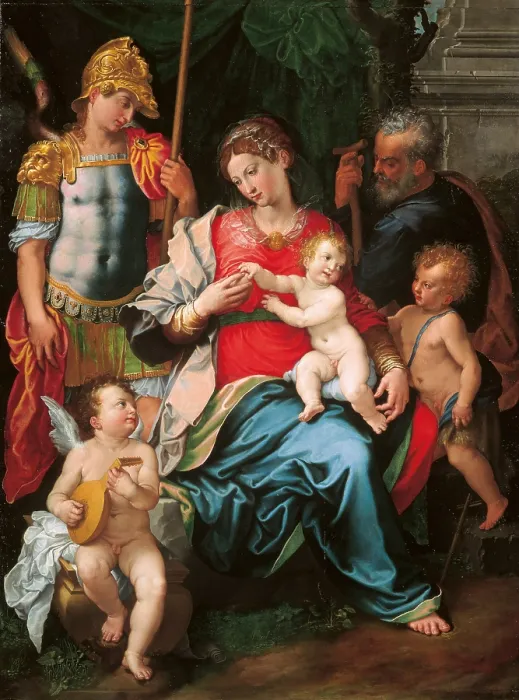 Framed Print : Madonna with Child and Sts Michael the Archangel, Joseph and Young St John, by Girolamo Siciolante known as Sermoneta, 1545, 16th Century, oil on panel, cm 169 x 125 - Italy