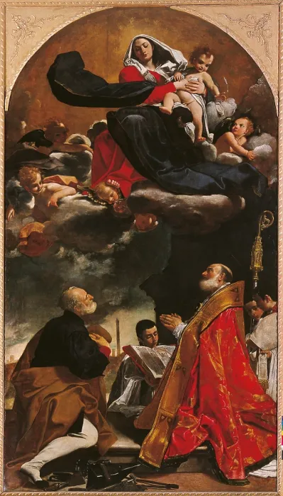Framed Print : Madonna and Child with Sts Petronius and Eligius, by Giacomo Cavedoni (or Cavedone), 1614, 17th Century, oil on canvas, cm 398 x 226 - Italy, Emilia Romagna, Bologna