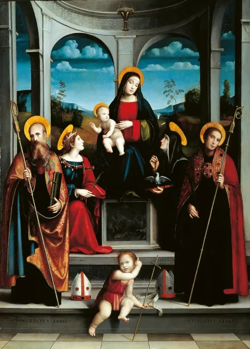 Framed Print : Madonna with Child and Sts Scholastica, Justina, Benedict and Placid, by Francesco Raibolini known as Francia, 1515 about, 16th Century, oil on panel, cm 228 x 162 - Italy