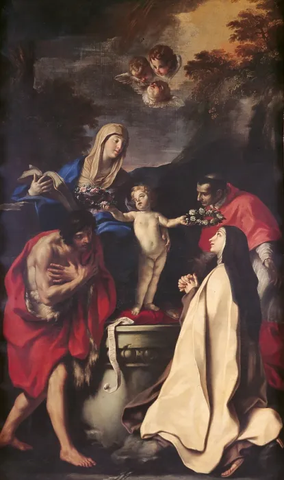 Framed Print : Madonna and Child with Sts Therese, John the Baptist, Charles Borromeo, by Carlo Cignani, 1668 - 1680 about, 17th Century, oil on canvas, cm 385 x 229 - Italy, Emilia Romagna