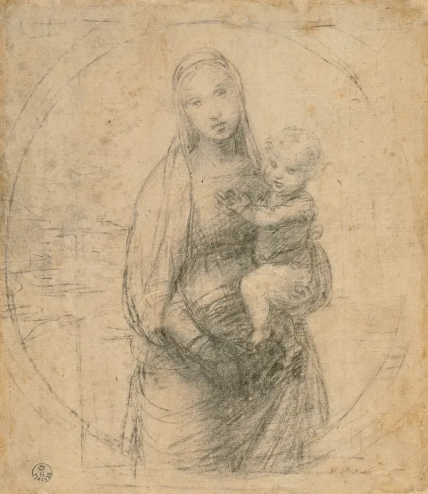 Framed Print : Madonna and Child at two thirds figure, by Sanzio Raffaello, 15th Century -16th Century, 1483 -1520, black pencil and traces of stylus, white paper slightly yellowed, - Italy