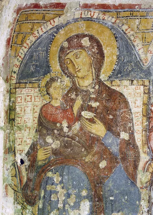 Framed Print : Madonna with Child, by Unknown Artist, 11th Century, fresco - Italy, Puglia, Mottola, Church of Saint Gregory. Detail. Mary holding baby Jesus