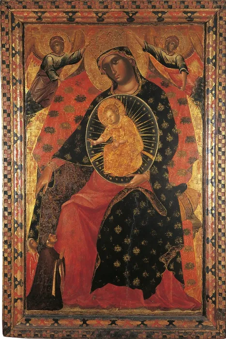 Framed Print : Madonna and Child with two Votaries, by Paolo Veneziano, 1325 - 1330 about, 14th Century, panel gold ground, cm 142 x 90 - Italy, Veneto, Venice, Accademia Art Galleries. All