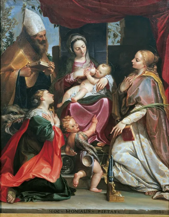 Framed Print : Madonna with Child and Young St John, St Benedict (probably), St Margaret and St Cecilia, by Agostino Carracci, 1586, 16th Century, oil on canvas, cm 152 x 127 - Italy