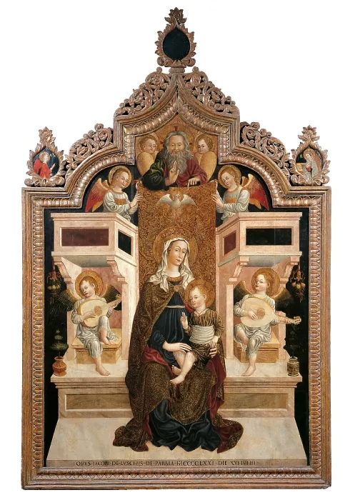 Framed Print : Madonna Enthroned with Child and Eternal Father among Angels Musicians, by Jacopo Loschi, 1471, 15th Century, mixed on panel, cm 222 x 171 - Italy, Emilia Romagna, Parma