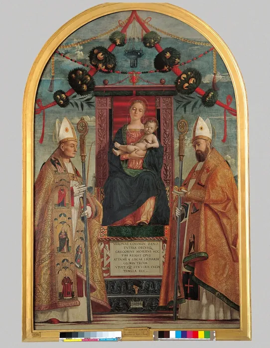 Framed Print : Madonna Enthroned with Child and Saints Zeno and Nicholas, by Francesco Morone, about, 16th Century, cm 192 x 125 - Italy, Lombardy, Milan, Brera art gallery. All