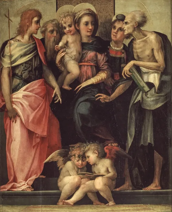 Framed Print : Madonna Enthroned with Four Saints (Pala dello Spedalingo), by Rosso Fiorentino, 1518, 16th Century, tempera on board, 172 x 141, 5 cm - Italy, Tuscany, Florence, Uffizi Gallery