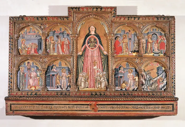 Framed Print : Madonna of Mercy and eight scenes from the life of St Bartholomew, by Unknown Artist, 1380 - 1420, 14th Century - 15th century, - Italy, Veneto, Venice, Accademia Art Galleries Framed Print : Madonna of Mercy and eight scenes from the life of St Bartholomew, by Unknown Artist, 1380 - 1420, 14th Century - 15th century, - Italy, Veneto, Venice, Accademia Art Galleries