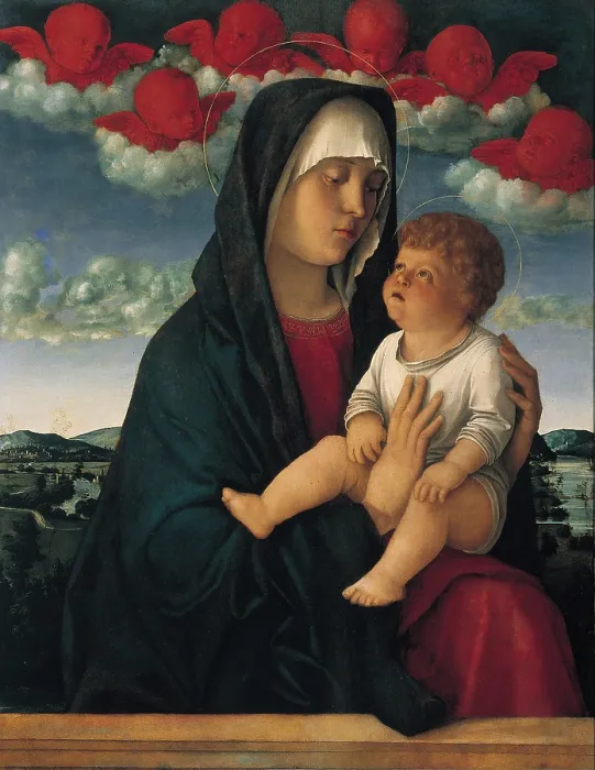 Framed Print : Madonna of the Red Cherubs, by Giovanni Bellini, 1480 - 1490, 15th Century, panel, cm 77 x 60 - Italy, Veneto, Venice, Accademia Art Galleries. All Framed Print : Madonna of the Red Cherubs, by Giovanni Bellini, 1480 - 1490, 15th Century, panel, cm 77 x 60 - Italy, Veneto, Venice, Accademia Art Galleries. All