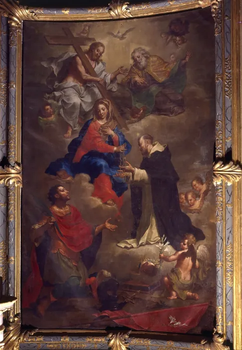 Framed Print : Madonna of the Rosary and Saints, by Bortolo Litterini, 17th - 18th Century, oil on canvas - Italy, Lombardy, Villongo Sant'Alessandro, Parrish Curch. Whole artwork view