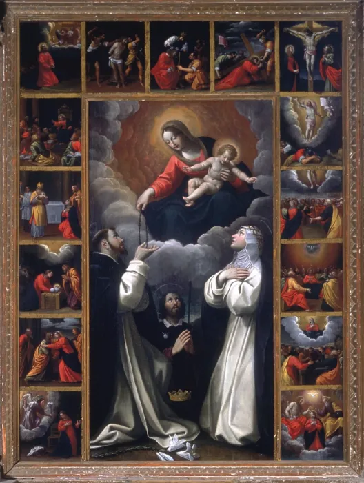 Framed Print : Madonna of the Rosary with Saints Domenico and Catherine from Siena, by Giovanni Battista Bertusco, 17th Century, oil on canvas - Italy, Emilia Romagna, Samelano Montese