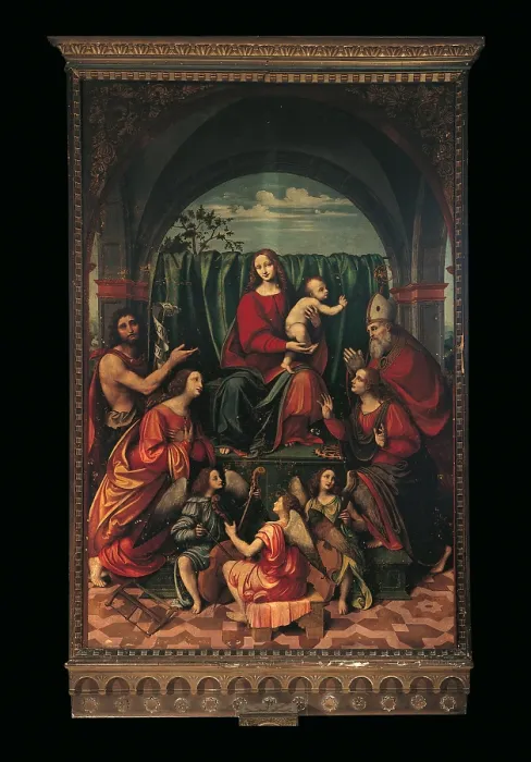 Framed Print : Madonna, saints and angels, by Marco dOggiono, 16th Century, oil on wood, - Italy, Lombardy, Milan, SantEufemia Church. Full view Framed Print : Madonna, saints and angels, by Marco dOggiono, 16th Century, oil on wood, - Italy, Lombardy, Milan, SantEufemia Church. Full view