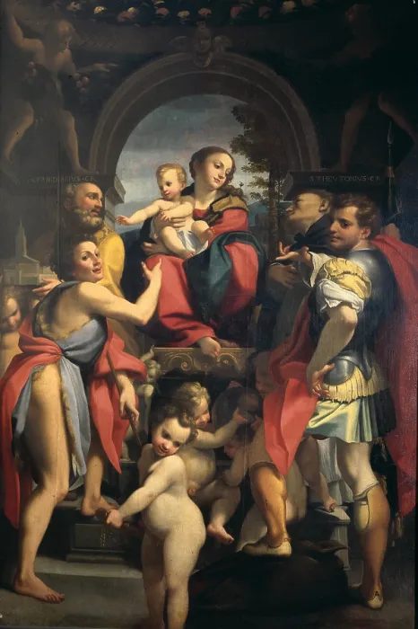 Framed Print : Madonna with St George, by copy from Allegri Antonio known as Correggio, 1500 post - 1550 about, 16th Century, oil on canvas, cm 280 x 188 - Italy, Lombardy, Milan Framed Print : Madonna with St George, by copy from Allegri Antonio known as Correggio, 1500 post - 1550 about, 16th Century, oil on canvas, cm 280 x 188 - Italy, Lombardy, Milan