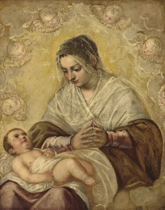 Framed Print : The Madonna of the Stars, by Jacopo Tintoretto, 1550-99, Italian painting, oil on canvas. Virgin Mary is seated with the Christ child lying across her knees