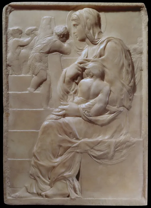 Framed Print : Madonna of the Steps (Madonna della Scala), by Michelangelo Buonarroti, 1489, 15th Century, marble bas-relief - Italy, Tuscany, Florence, Buonarroti House. Whole artwork view