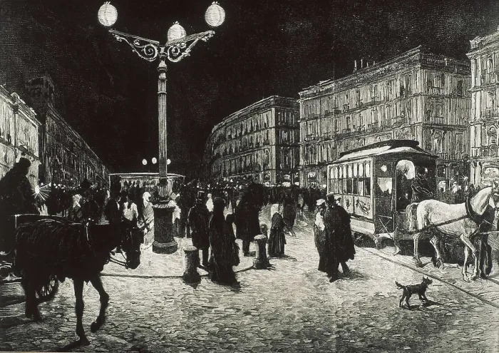 Framed Print : Madrid (1878). The Puerta del Sol enlightened with electric light. Picture after a drawing by Pellicer for 'La Ilsutracin Espaola y Americana'. Etching