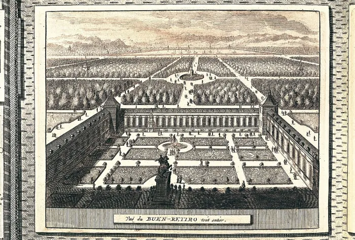 Framed Print : Madrid (18th c.). Parque del Buen Retiro (Good Retirement Park). Illustration of the work 'La Galerie Agreable du Monde' (1700-1730). Etching. SPAIN. Madrid
