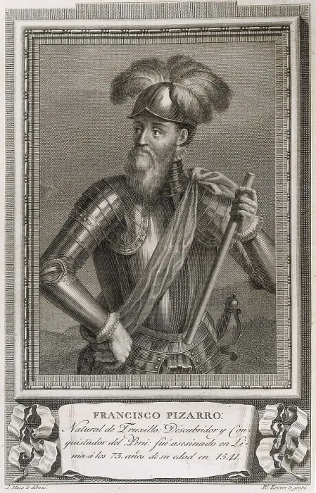 Framed Print : MAEA, Jos (1760-1826); PIZARRO, Francisco (1476-1541). Portrait of Francisco Pizarro drawed by Jose Maea in 1791. Engraving. SPAIN. Madrid. National Library
