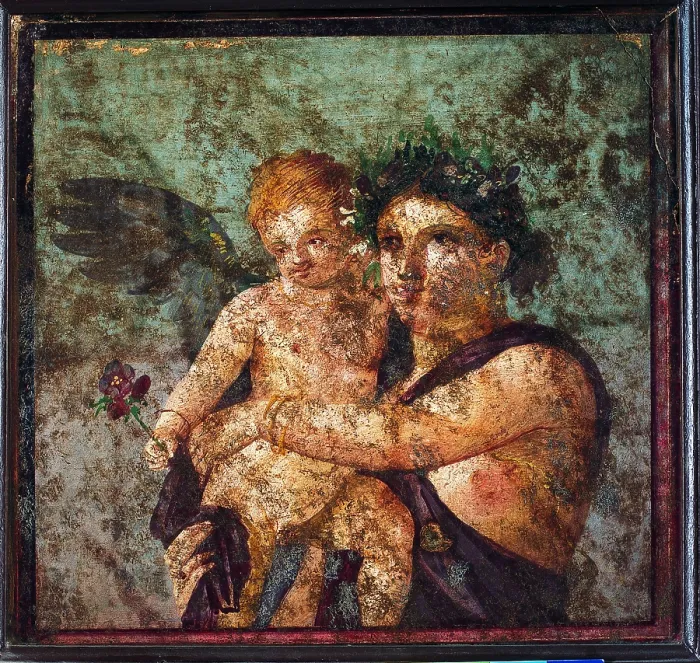 Framed Print : Maenad and Cupid, by unknown artist, 35-45, 1st Century A.D. ripped fresco, 45 x 45 cm - Italy, Campania, Naples, National Archaeological Museum, Room LXXI, inv. 110691 Framed Print : Maenad and Cupid, by unknown artist, 35-45, 1st Century A.D. ripped fresco, 45 x 45 cm - Italy, Campania, Naples, National Archaeological Museum, Room LXXI, inv. 110691