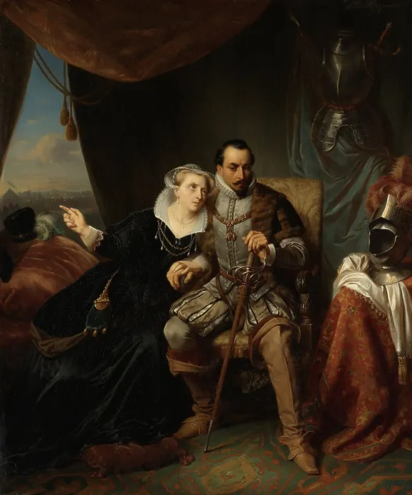 Framed Print : Magdalena Moons Begs her Fianc Francisco Valdez to Postpone the Storming of Leiden another night, 1574, Simon Opzoomer, 1840-60, Dutch painting, oil on panel Framed Print : Magdalena Moons Begs her Fianc Francisco Valdez to Postpone the Storming of Leiden another night, 1574, Simon Opzoomer, 1840-60, Dutch painting, oil on panel