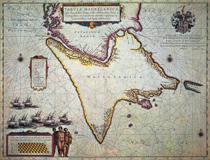 Framed Print : MAGELLANDFerdinand (1480-1521). Portuguese navigator and discoverer. Map of the Magellan's Trip (Ferdinand Magellan) (1519). Southern of the Patagonia and Tierra Del Fuego