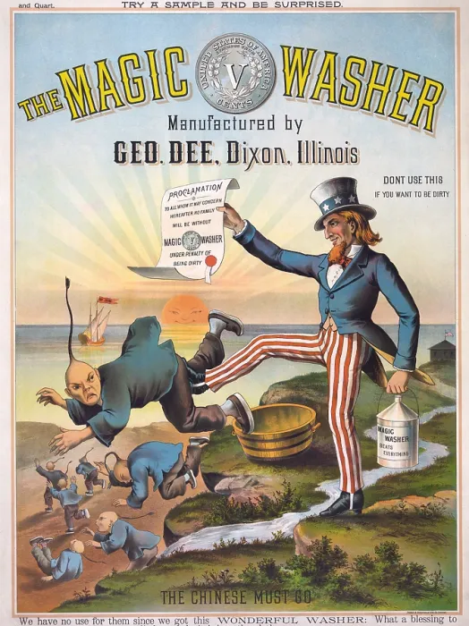 Framed Print : The magic washer. The Chinese must go. Cartoon showing Uncle Sam, with proclamation and can of Magic Washer, kicking Chinese out of the United States. color lithograph, 1886