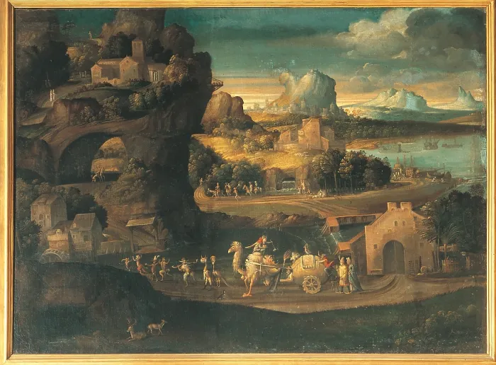 Framed Print : The Magical Procession, by attributed to Girolamo Sellari known as Girolamo da Carpi, 1525 about, 16th Century, oil on canvas, cm 116 x 156 - Italy, Lazio, Rome, Borghese Gallery