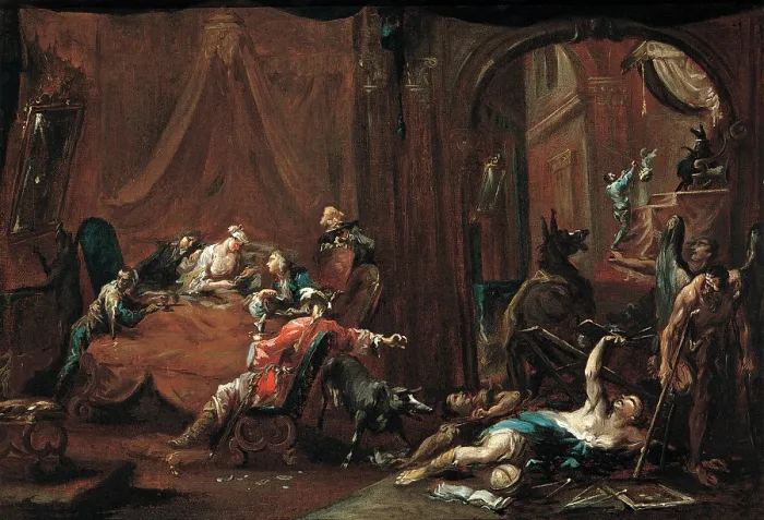 Framed Print : Magnasco Alessandro know as il Lissandrino, Dissipation and Ignorance Destroy the Arts and Sciences, 18th Century, oil on canvas