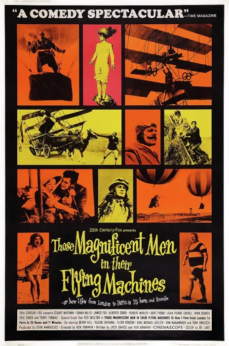 Framed Print : THOSE MAGNIFICENT MEN IN THEIR FLYING MACHINES, US poster art, center with moustache: Terry-Thomas; second row from bottom, first and center insets: Sarah Miles