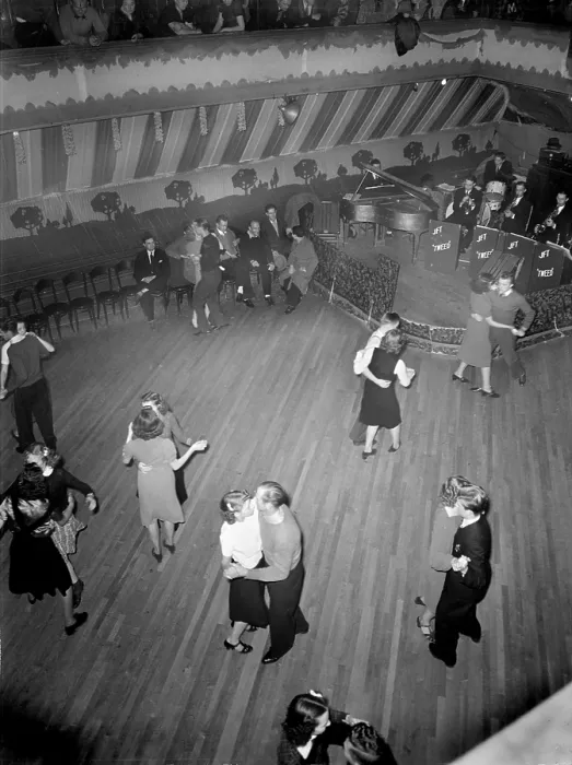 Framed Print : Maher's dance hall, showing orchestra platform and dancers, photograph by Dick Sheldon, Shenandoah, Pennsylvania, 1938