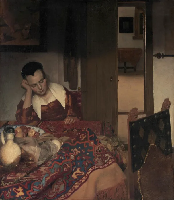 Framed Print : A MAID ASLEEP, by Johannes Vermeer, 1656-57, Dutch painting, oil on canvas. A young woman is asleep at a table with two wine glasses, a jug, and a bowl of fruit