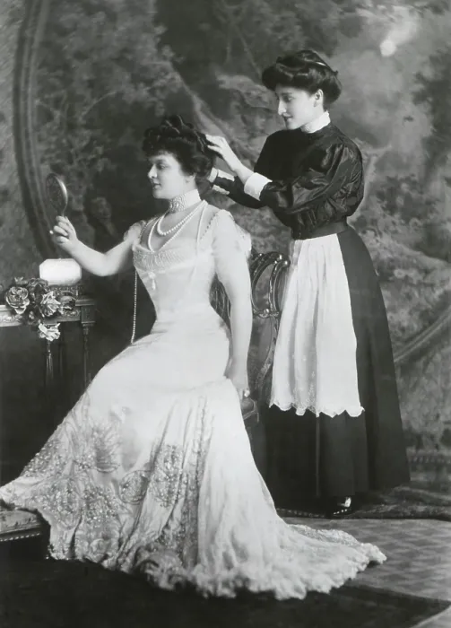 Framed Print : Maid dressing Mrs. George Jay Gould's hair, 1890-1899. Mrs. Gould was the former Edith Mary Kingdon, a stage actress (BSLOC_2018_4_211)