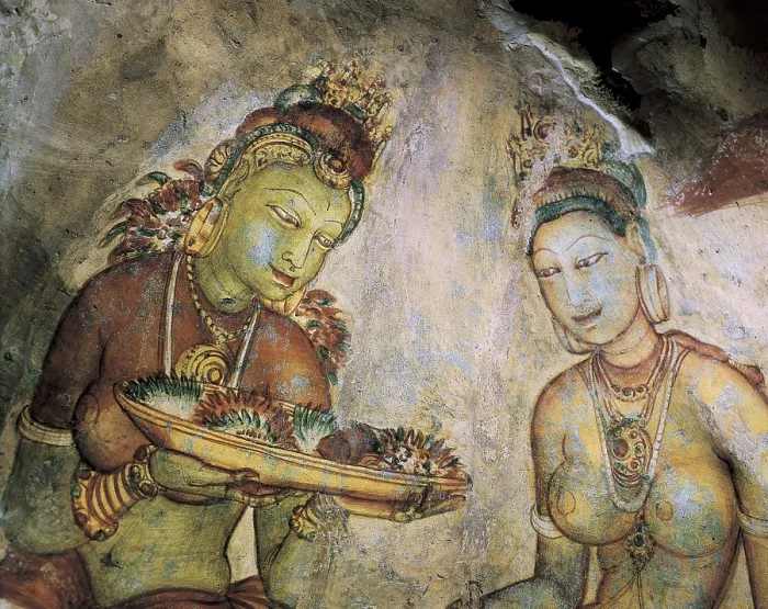 Framed Print : Maidens among clouds. 5th c. SRI LANKA. Sigiriya. Fresco of 500 ladies in the rock wall of the fortress. World Heritage. Hindu art. Fresco