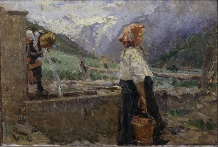 Framed Print : Maidens at the Source (Fanciulle alla fonte), by Leonardo Bazzaro, 20th Century, oil on canvas - Whole artwork view