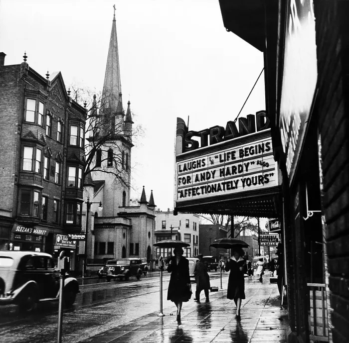 Framed Print : Main Street. The marquee of the Strand theater, showing LIFE BEGINS FOR HARDY, Amsterdam, New York, photograph by John Collier, October, 1941 Framed Print : Main Street. The marquee of the Strand theater, showing LIFE BEGINS FOR HARDY, Amsterdam, New York, photograph by John Collier, October, 1941