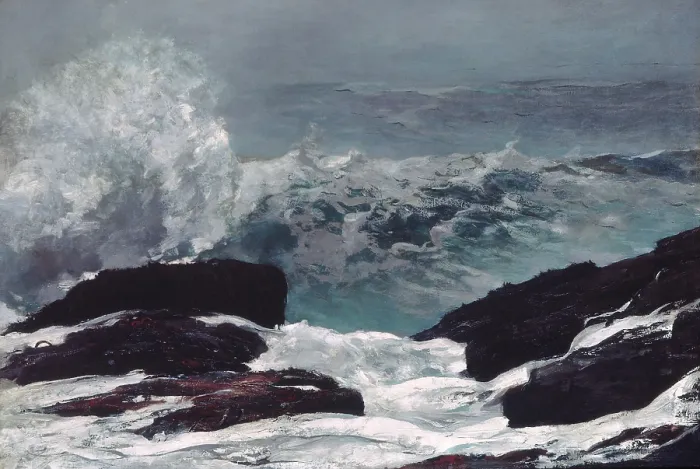 Framed Print : MAINE COAST, by Winslow Homer, 1896, American painting, oil on canvas. View seaward from the cliffs at Prouts Neck, Maine, during a storm as a wave breaks on the rocky shore