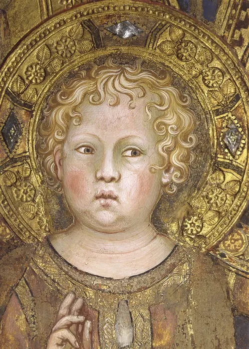 Framed Print : Majesty, by Simone Martini, 1313 - 1315, 14th Century, fresco, 763 x 970 cm - Italy, Tuscany, Siena, Public Palace. Detail. Detail of the face of baby Jesus Framed Print : Majesty, by Simone Martini, 1313 - 1315, 14th Century, fresco, 763 x 970 cm - Italy, Tuscany, Siena, Public Palace. Detail. Detail of the face of baby Jesus
