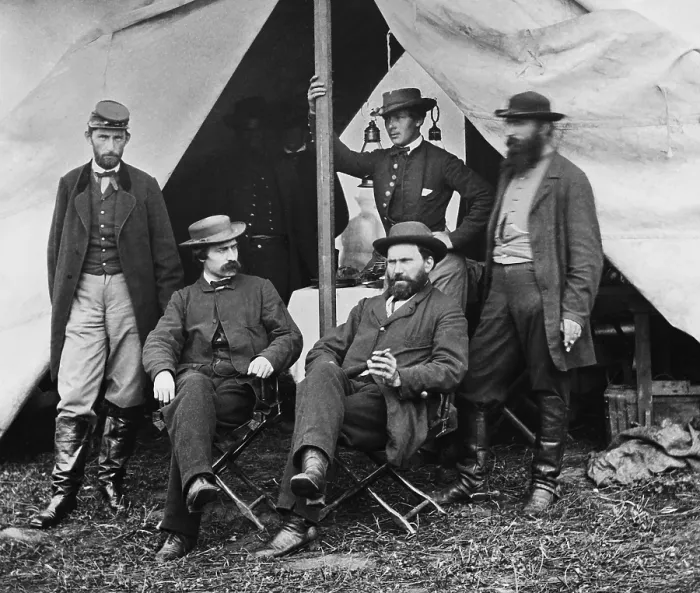 Framed Print : Major Allan Pinkerton and colleagues of the Secret Service Department, of the Army of the Potomac at Antietam, Maryland. Seated, L-R: William Moore and Allan Pinkerton Framed Print : Major Allan Pinkerton and colleagues of the Secret Service Department, of the Army of the Potomac at Antietam, Maryland. Seated, L-R: William Moore and Allan Pinkerton